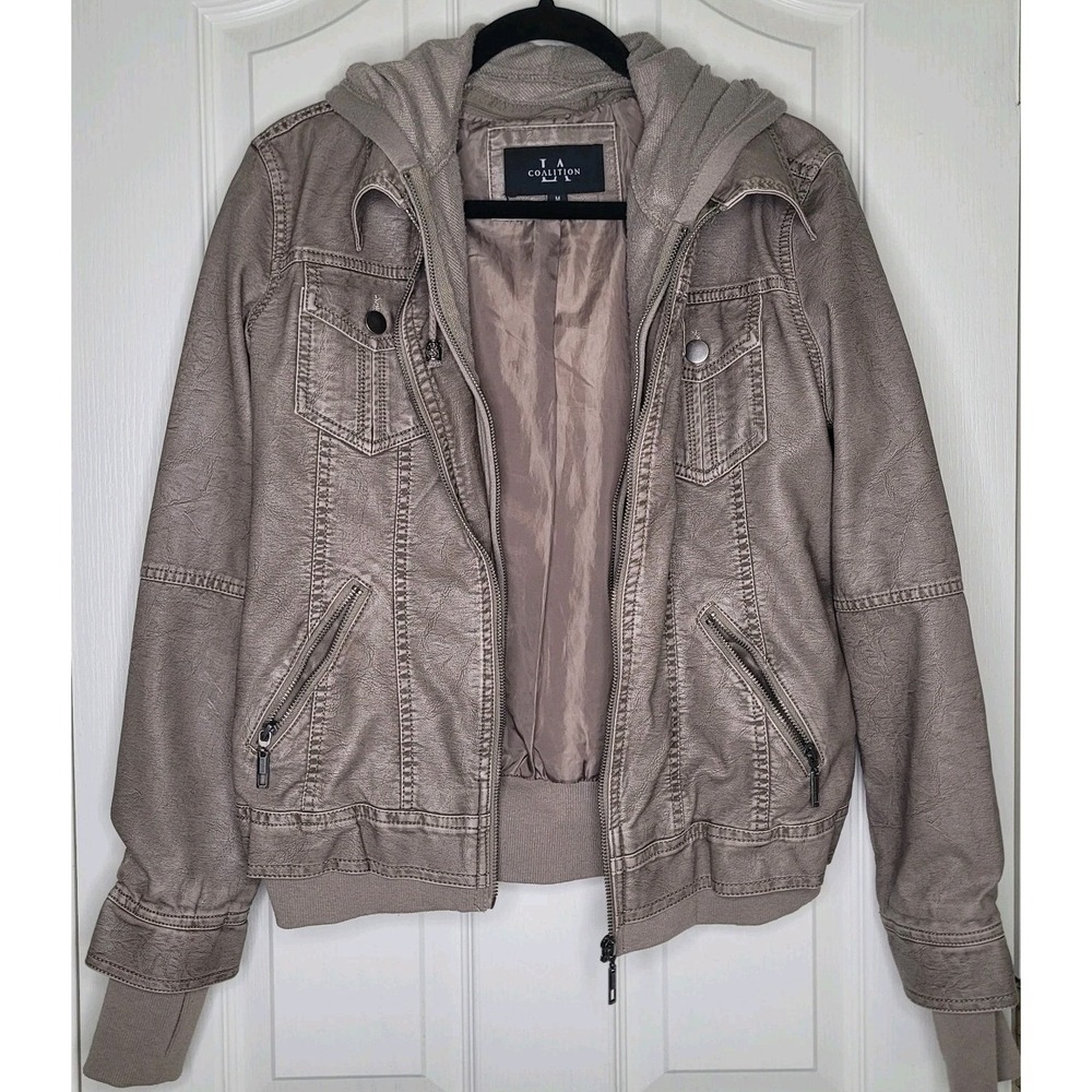 LA‎ Coalition Faux Leather Moto Style Hooded Jacket Sz Med